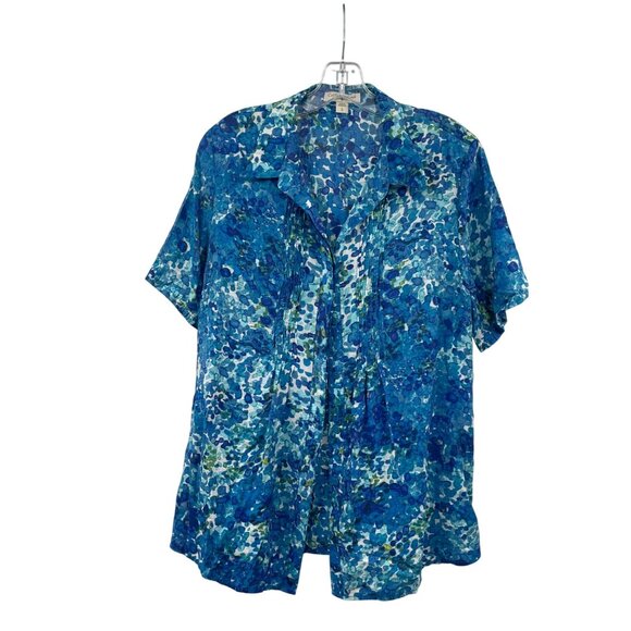 Coldwater Creek Womens Button Up Top Short Sleeve Pleated Blue/Multi Large - Picture 1 of 9